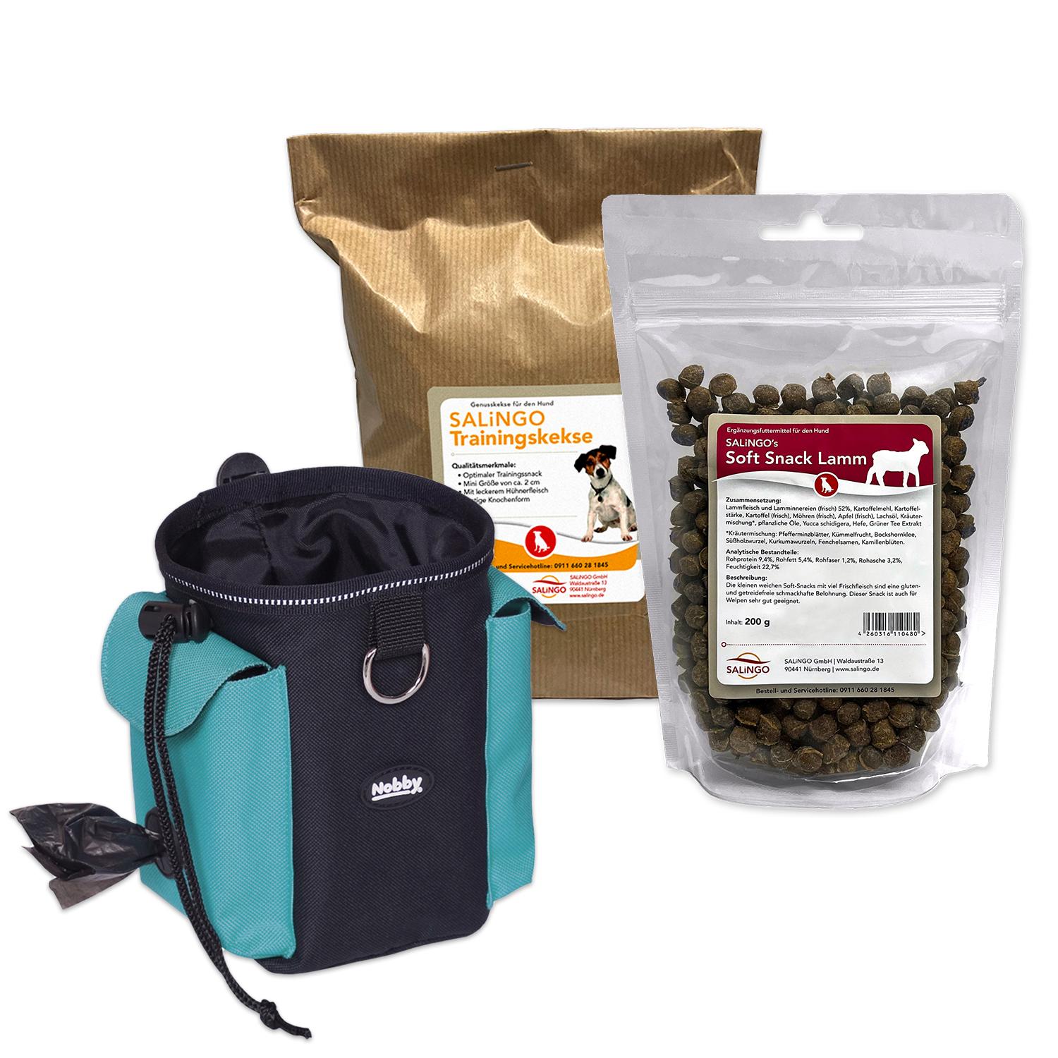 Ensemble pratique comprenant un sac à friandises Nobby, des friandises molles à l'agneau et des biscuits d'entraînement